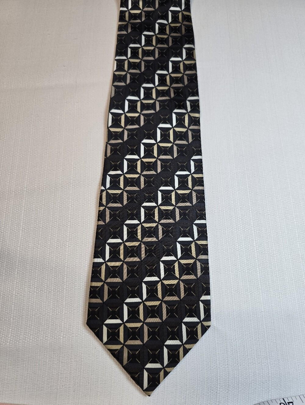 Covington Pure Silk Black Tie with Gold and Cream Geometric Motif